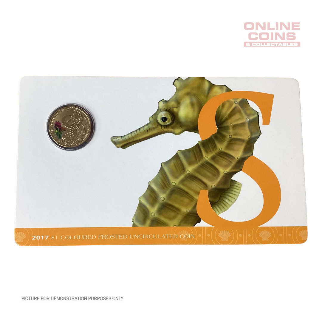 2017 $1 Coloured Alphabet Frosted Coin In Card - S For Seahorse
